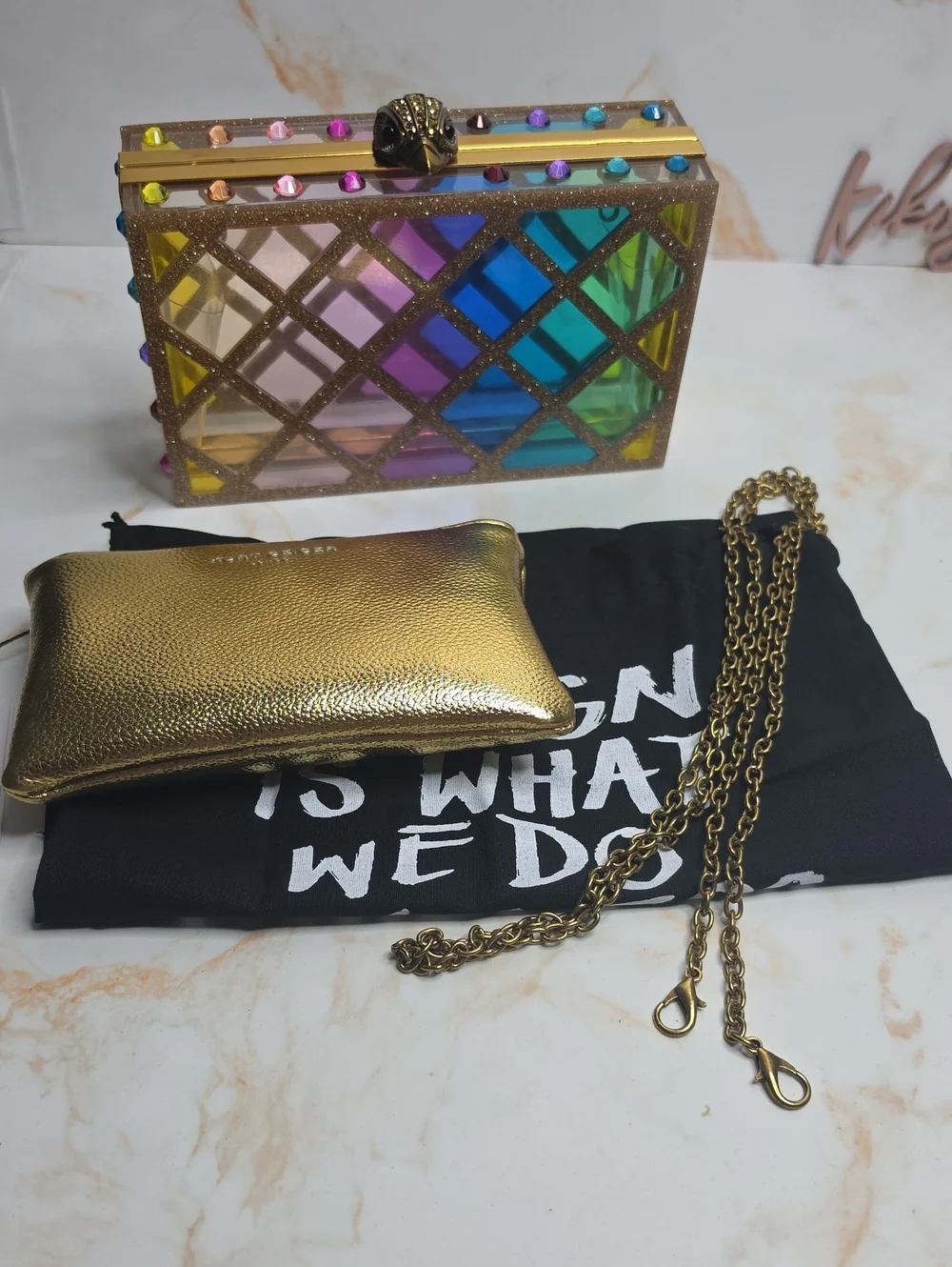 Kurt Geiger crystal quilt box clutch Crossbody bag Convertable  New